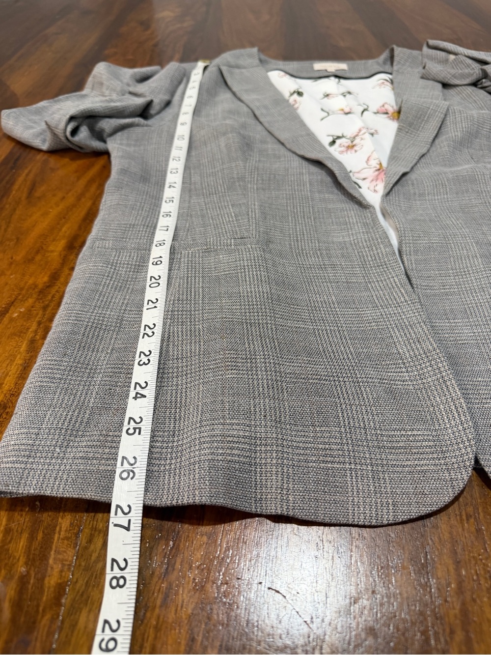 Skies Are Blue Gray Windowpane Plaid Blazer XL 3/4 Sleeve Floral Lining - Picture 7 of 11